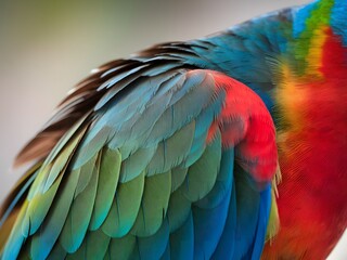 Obraz premium Parrot Feathers Close-up, Vibrant Colors And Intricate Detail. Stunning Texture Of Plumage, A Natural Pattern. Bright Greens, Blues, Reds, And Yellows. A Beautiful Bird.