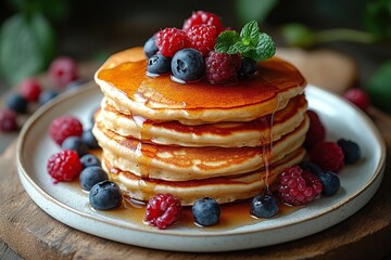 Freshly stacked pancakes topped with sweet syrup and vibrant berries for a delicious breakfast