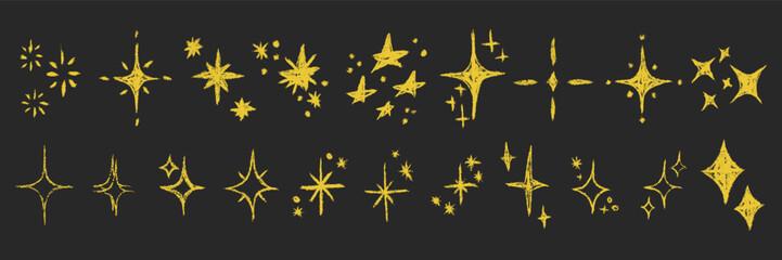 Fototapeta premium Stars big set. Chalk textured kids freehand drawing shine twinkle. Crayon hand drawn child scribble spark. Pastel pencil childish decorative sparkling collection. Sketch vector illustration isolated