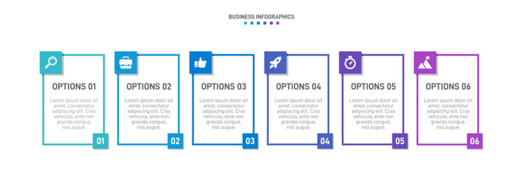 Horizontal progress bar featuring 6 arrow-shaped elements, symbolizing the six stages of business strategy and progression. Clean timeline infographic design template. Vector for presentation