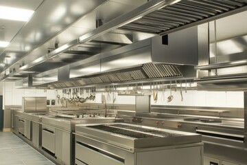 Modern commercial kitchen with stainless steel equipment and organized workspace
