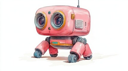 Fototapeta premium Colorful pink robot featuring a camera designed for educational chatbot guides isolated on a clean white background