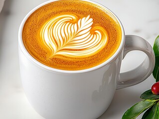 Elegant ceramic coffee mug with beautiful latte art and leaf design placed on a minimalist wooden table background