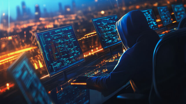 Hacker are planning to hack and attack networks and cyber security systems.abstract innovative cyber security network, using interconnected nodes to represent business partnerships on the Smart city.