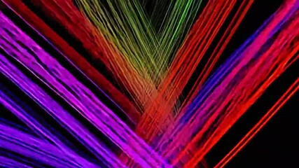 Colorful vertical wires flashing in loops with dynamic neon effects, abstract motion of bright laser-like lines in red, purple, green on black background for VJ and stage visuals
