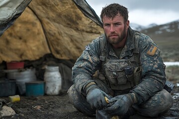 A man in camouflage clothing sits near a tent. He is holding objects in his hands.