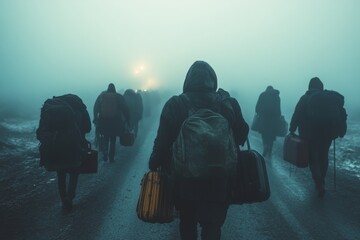 Refugees walking on a road in the fog, carrying bags and backpacks