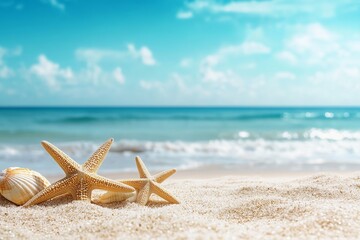 Beautiful Starfish on Sandy Beach Summer Ocean Seascape Tropical Vacation Idyllic Paradise Coastal Scene Relaxing Calm Blue Sky Sunny Day Seashore    