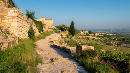 Fototapeta premium Ancient Stone Pathway Leading Through Ruins And Green Landscape Under Blue Sky During Sunny Day