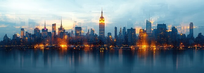 Double exposure of New York City skyline with vibrant traffic light effects