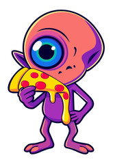 Cute monster with slice of pizza. Vector isolated illustration