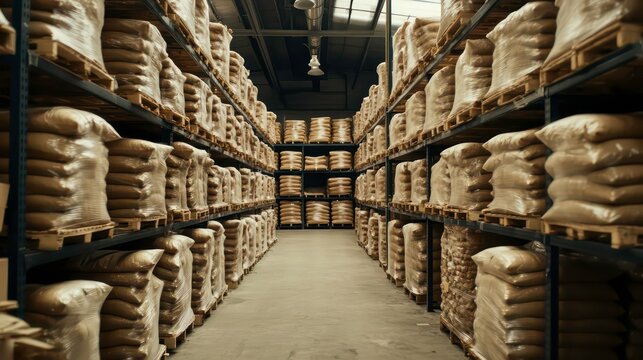 Large warehouse filled with many sacks of rice. Stacks of beige sacks neatly arranged on wooden pallets, high metal shelves. Warehouse spacious, organized. Logistics business distributes goods