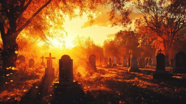 The sun sets over a cemetery filled with tombstones and trees