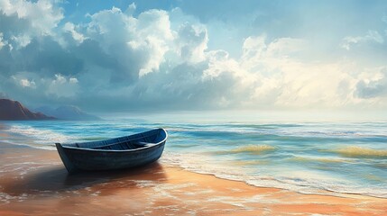 Serene Seascape Painting Blue Boat on Sandy Beach Tranquil Ocean Scene Peaceful Coastal Summer Morning Artistic Digital Artwork Beautiful Nature      