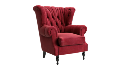 Red upholstered wingback armchair isolated on transparent background