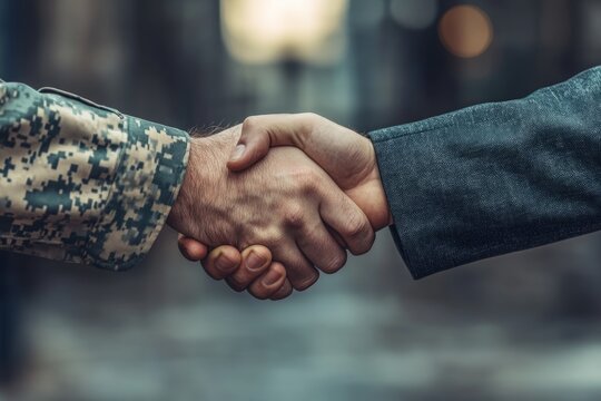 Soldier and a businessman are shaking hands, symbolizing collaboration, partnership, and mutual respect