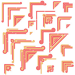 Red and gold templates corner in chinese style . Deco borders, asian ornament. Objects isolated on white background. Vector set