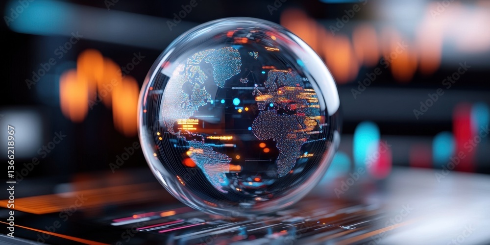 Poster abstract image of a digital globe highlighting global connectivity and data interaction in a modern 