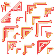 Red and gold templates corner in chinese style . Deco borders, asian ornament. Objects isolated on white background. Vector set