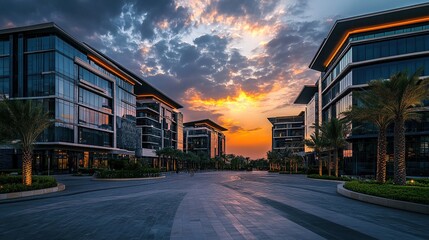 Dubai, United Arab Emirates The Square, modern buildings at sunset