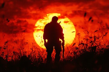 Fototapeta premium Silhouette of a soldier standing in tall grass against a vibrant orange sunset, creating a dramatic and evocative scene