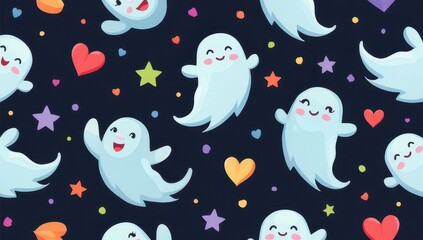 Cute Ghost Seamless Pattern with Hearts and Stars