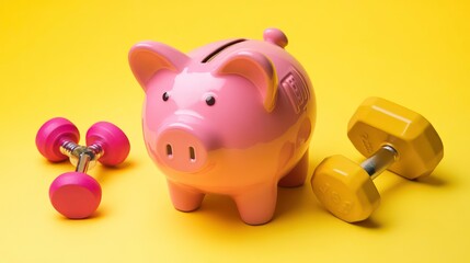 Piggy bank with dumbbells on yellow background. Saving for fitness. Possible use Motivational image for financial health and fitness
