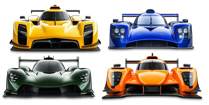 Set collection of modern FICTIVE hybrid endurance supercar race cars in various colors  isolated white background. sports car competion motorsport and racing prototype concept.