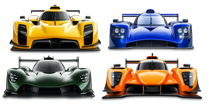 Set collection of modern FICTIVE hybrid endurance supercar race cars in various colors  isolated white background. sports car competion motorsport and racing prototype concept.