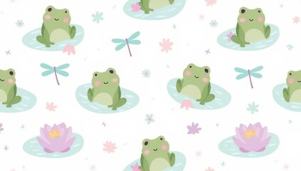 Obraz premium Cute Frogs Seamless Pattern: Lily Pads, Dragonflies, Flowers