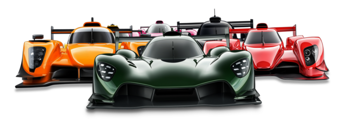 Pack or group  of FICTIVE colorful hyper car endurance  race cars  in green orange red and black racing in slipstream isolated white background . Fast dynamic thrilling motorsport background concept