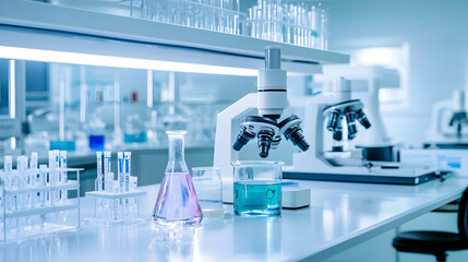 Modern Laboratory Interior With Microscopes And Chemical Glassware On A White Table Under Cool Lighting