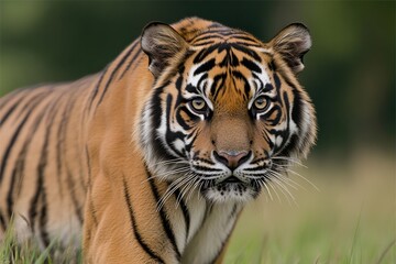 Fototapeta premium Majestic tiger gazes intently, showcasing vibrant orange fur and