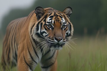 Obraz premium Majestic tiger prowls through lush grass, showcasing striking st