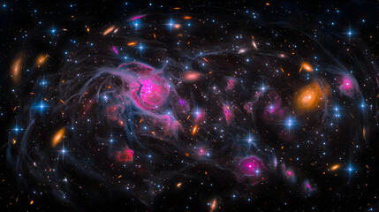 Obraz premium Vibrant Panoramic View of Nebula and Star Clusters with Glowing Pink Blue and Orange Hues in the Dark Cosmic Space