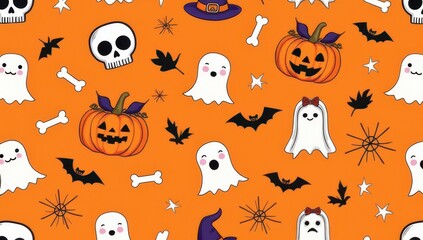 Cute Halloween Seamless Pattern with Ghosts, Pumpkins, and Skulls