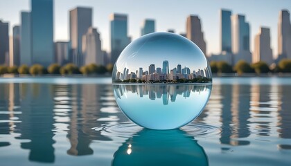 A captivating, wide-angle shot captures a crystal ball suspended just above the surface of a body of water, with a cityscape reflected within its spherical form