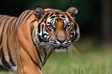 Fototapeta premium Majestic tiger prowling through lush greenery, showcasing powerf