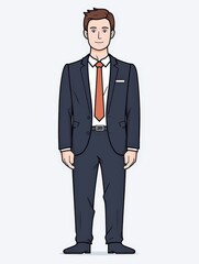 Obraz premium Cartoon man in navy suit with orange tie standing confidently, symbolizing success and professionalism. Perfect for HR, finance, interviews, and corporate presentation visuals.