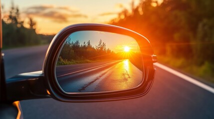 Stunning Sunset View Reflected in Car Side Mirror Scenic Road Trip Golden Hour Summer Vacation Travel Photography Asphalt Road Highway Journey        