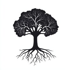 Stylized black tree with detailed roots on white background, symbolizing growth, resilience, and interconnectedness. Perfect for eco-conscious design and sustainable business projects.