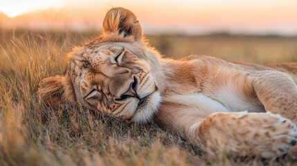 Naklejka premium Impressive lion lounging comfortably in the lush grass of the golden savanna enjoying the warmth of the sunlight