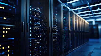 Modern data center with rows of black server racks illuminated by blue and amber indicator lights, ideal for tech, cloud computing, cybersecurity, or digital infrastructure themes