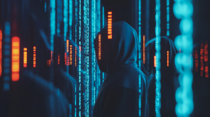 Hackers are planning to hack and attack Zeroday networks and cyber security systems in Smart digital city with Data center on cloud cyber security and Blue Binary Data Software Programming Code 