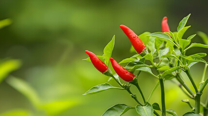 Close-up of Red Chili Peppers Growing on a Green Plant with Water Droplets and Blurred Background