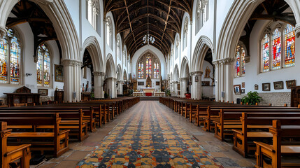 Obraz premium Architectural Interior Of A Historic Church Hall Featuring Stained Glass Windows Wooden Pews And Ornate Details