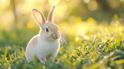Fototapeta premium A small white rabbit is standing in a field of grass.