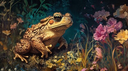 Obraz premium A large toad sitting amongst colorful painted flowers and foliage