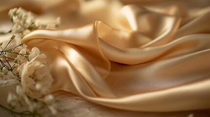 Elegant golden silk fabric with soft floral accents creating a luxurious texture and gentle light, perfect for sophisticated designs.