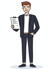 Obraz premium Cartoon man in suit holding clipboard and smiling, symbolizing organization and professionalism. Perfect for HR, recruitment, training, and corporate presentation visuals.